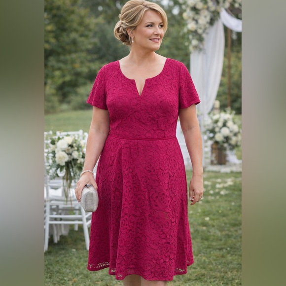 Adrianna Papell Cranberry Red Lace Midi Dress – Size 14 - Picture 2 of 9